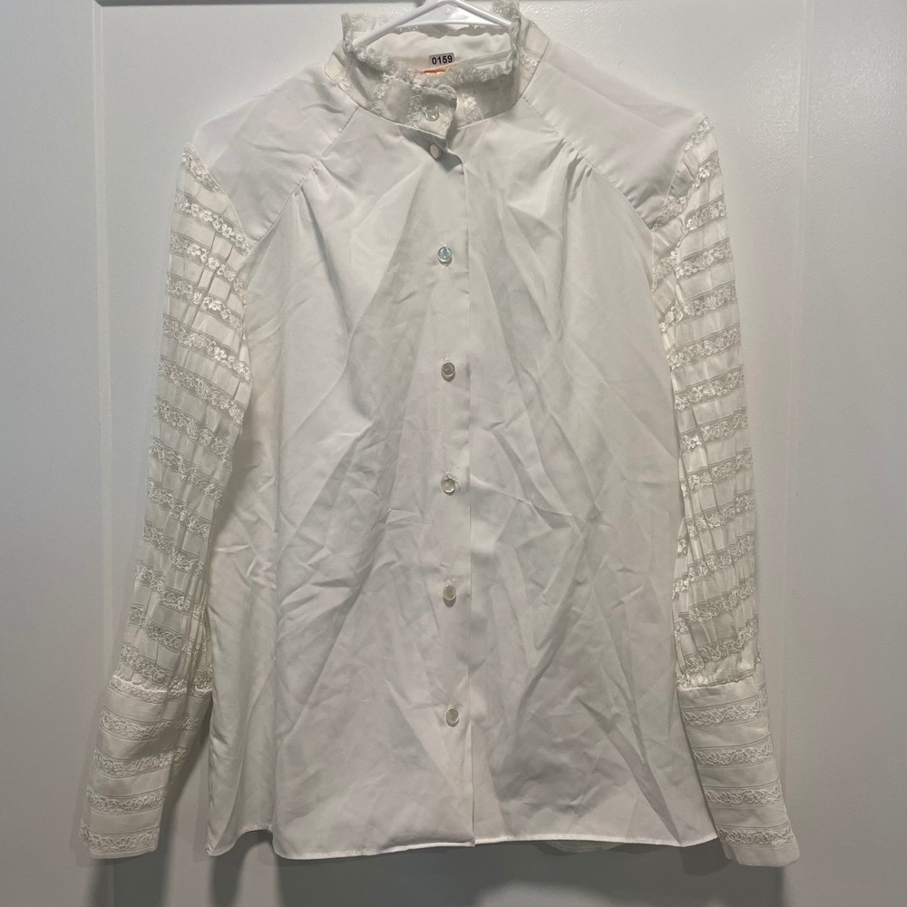 Vintage Lee Mar Pageant White Lace Sleeve Ruffle High Neck Blouse Top Womens